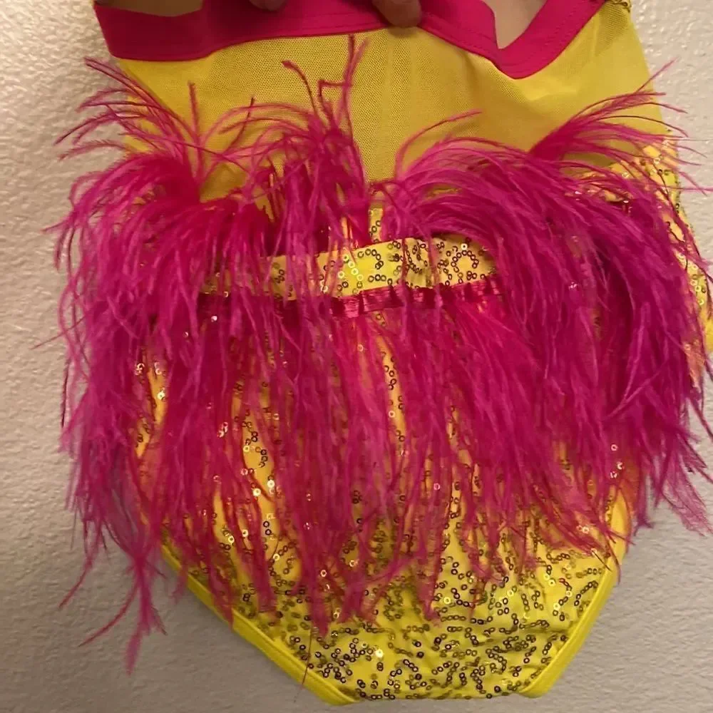 Weissman Elite Dance costume yellow sequin Feather Bustle Leotard SQ11458 XSA